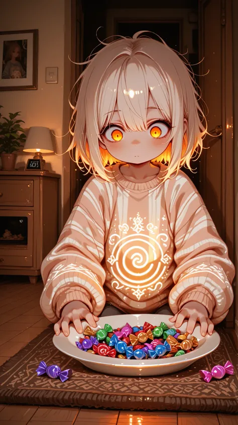 super detailed, Original photo, 8K Wallpaper, Little Girl with Disheveled Hair, secretly takes candy from grandma's candy plate, Oversized Striped Sweater, little hands grab colorful wrapped candies, is looking around while being alert with big innocent ey...