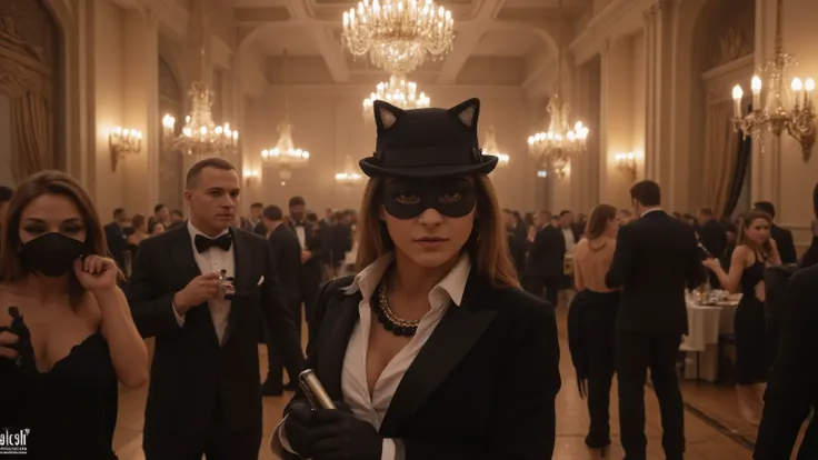 Secret agent infiltrating a luxurious masked gala, dressed in elegant formal attire, subtly using advanced spy gadgets, surrounded by unsuspecting elites, ornate baroque architecture, chandeliers casting golden light, tension in eyes, cinematic lighting, r...