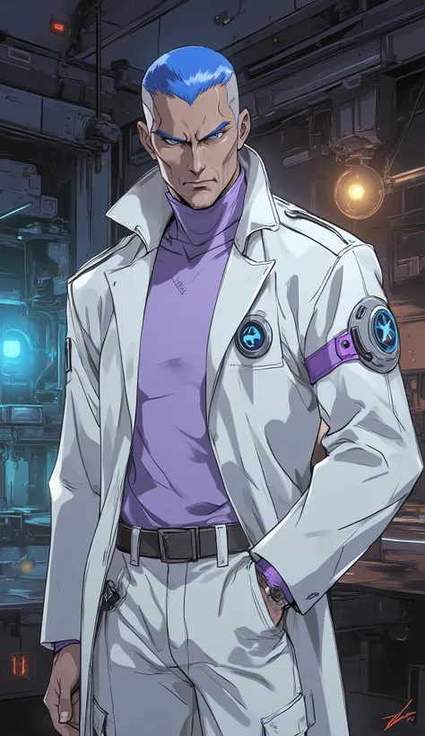 (masterpiece, best quality, 8k, absurdres), professional and exquisite mature anime illustration, concept art.
A full body shot of a tall, lean man with fair skin, his hair a very short royal blue buzz cut, almost scalp-close with clean, sharp lines. He ha...