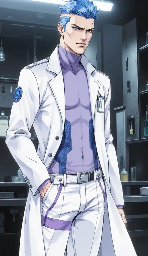 masterpiece, best quality, high detail, exquisite and mature anime illustration art, realistic ambient light.
A tall, lean man, a futuristic sci-fi scientist, fair skin, chiseled face, sharp jawline, thick eyebrows, sharp and intelligent eyes, a calm and r...