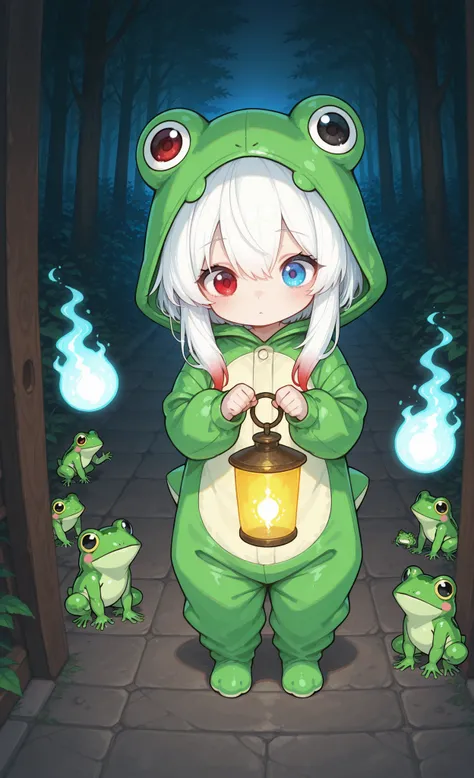 masterpiece, best quality, ultra-detailed:1.3, chibi style, 1girl, solo, pure white hair with soft gradient red tips, heterochromia, fair skin, wearing frog onesie, holding a glowing lantern, leading a procession of (grotesque spirits: one-eyed Hitotsume-k...