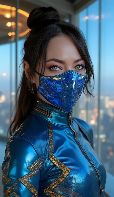 Ultra-realistic portrait of Emma Stone as Kitana, the elegant and powerful warrior from Mortal Kombat.
She wears a blue metal mask that covers only her mouth, with futuristic lines and subtle carvings that reflect neon lights.
Long black hair is tied in a...