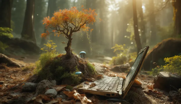 Extremely grunge textured whimsical nature fusion art, magical realism: A delicate, intricately detailed bonsai tree with filigree leaves in vibrant autumn colours like orange and yellow, overgrown with moss and dangling vines, surrounded by fallen leaves...