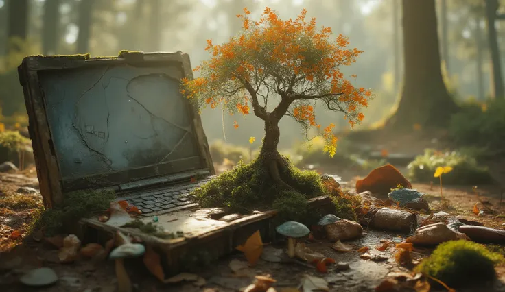 Extremely grunge textured whimsical nature  fusion art, magical realism: A delicate, intricately detailed bonsai tree with filigree leaves in vibrant autumn colours like orange and yellow, overgrown with moss and dangling vines, surrounded by fallen leaves...