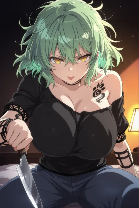 Watercolor painting,Perfect hand,masterpiece, best quality,very aesthetic, BREAK,(solo) (Hikage,light green hair,yellow eyes, short_hair, messy hair, tattoo)(bare shoulder shirt, pants)(huge_breasts)(looking at viewer, serious expression, holding knife, to...