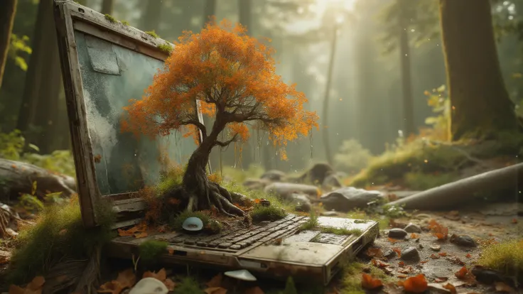 Extremely grunge textured whimsical nature  fusion art, magical realism: A delicate, intricately detailed bonsai tree with filigree leaves in vibrant autumn colours like orange and yellow, overgrown with moss and dangling vines, surrounded by fallen leaves...