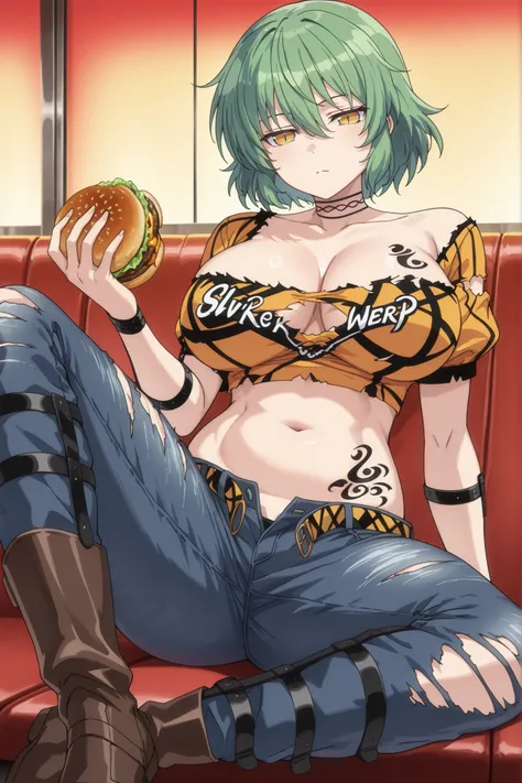 Watercolor painting,Perfect hand,masterpiece, best quality,very aesthetic, BREAK,(solo) (Hikage_IL, yellow eyes, slit pupils, green hair, short hair, large breasts,)(Hikage_Shinobi, yellow crop top, ripped crop top, ripped jeans, unbuckled belt, fly's open...