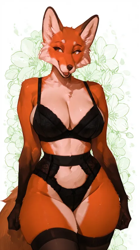 realistic, anthro, fox, orange fur, big hips, Lace underwear, curvy breasts, posing
