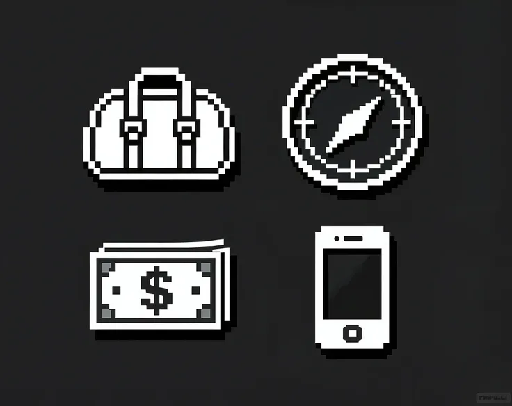 Design four classic GTA San Andreas–style HUD icons on a smooth black background:
1. Bag icon — a simple duffel bag or backpack silhouette for inventory
2. Minimap icon — a small circular radar with a white arrow or pointer
3. Money icon — a cash stac...