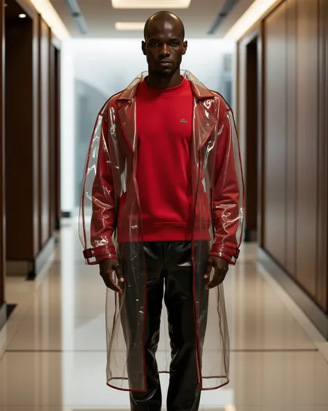 ,a 57 year old black man wearing a red sweatshirt with sweat stains in the armpits shoulders, wet stain, darkened fabric, the man wears black leather pants that are highly polished and have wrinkles, the man wears a pradarctrans2003 translucent raincoat wi...