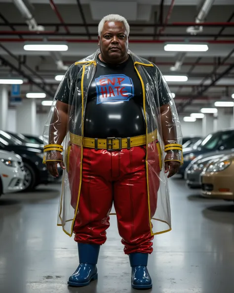 a 58 year old obese 500 pound extremely large belly large shoulders massive thighs black man with wrinkling skin and silvery hair, the man wears a black latex shirt, the man wears a red latex pants, the latex shirt has a blue cube on it that says "END HATE...