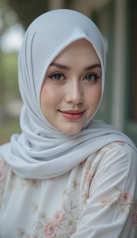 hyper HD, Masterpiece, Textured skin, 8K, Best quality of potrait a Beautiful hijab asian woman white fairy skin wearing kebaya outfit , perfect veil hijab muslimah style, detail scarf , close-up half body , happy vibes, beauty smile open mouth showing te...