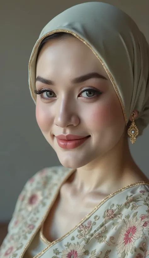 hyper HD, Masterpiece, Textured skin, 8K, Best quality of potrait a Beautiful hijab asian woman white fairy skin wearing kebaya outfit , perfect veil hijab muslimah style, detail scarf , close-up half body , happy vibes, beauty smile open mouth showing te...