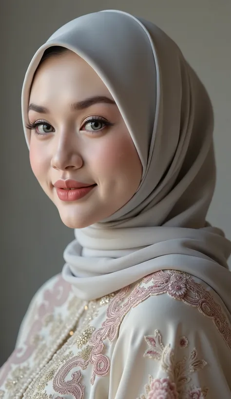 hyper HD, Masterpiece, Textured skin, 8K, Best quality of potrait a Beautiful hijab asian woman white fairy skin wearing kebaya outfit , perfect veil hijab muslimah style, detail scarf , close-up half body , happy vibes, beauty smile open mouth showing te...