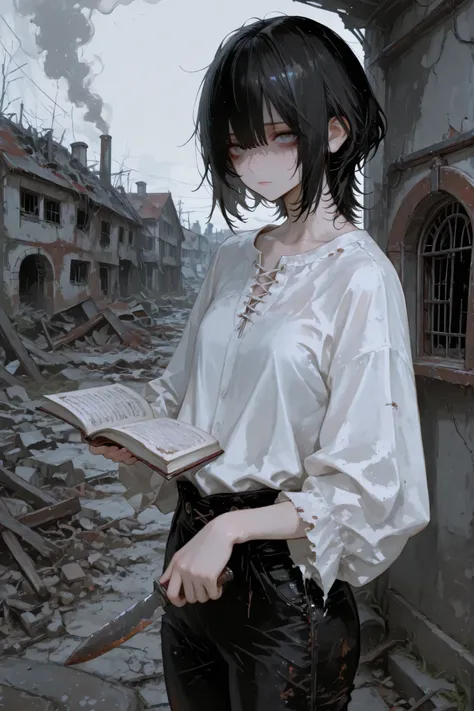 holding knife, 748cmstyle, 1girl solo, ultrahd, best quality, highres, beautiful eyes, best eyes, good eyes, 8k, 4k, ultrahd, black hair, short hair, black pants, gray eyes, disheveled hair, wolf cut, messy hair, white shirt, disheveled clothes, abandoned ...