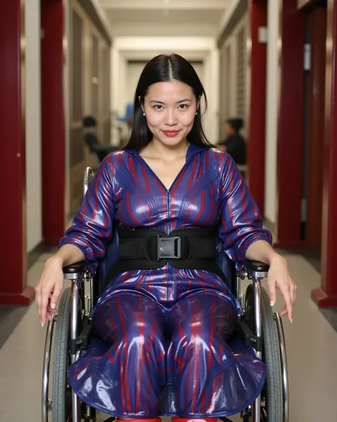 a 24 year old thin asian woman with perfect porcelain white skin, sitting in a wheelchair, in an asian temple, a perfect blue and red striped latex gown embraces her body, the woman has a soft 40% translucent vinyl wheelchair harness that is purple, the wo...