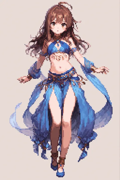 girl, long hair, brown hair, blue dancer outfit, simple background, full body, looking at viewer