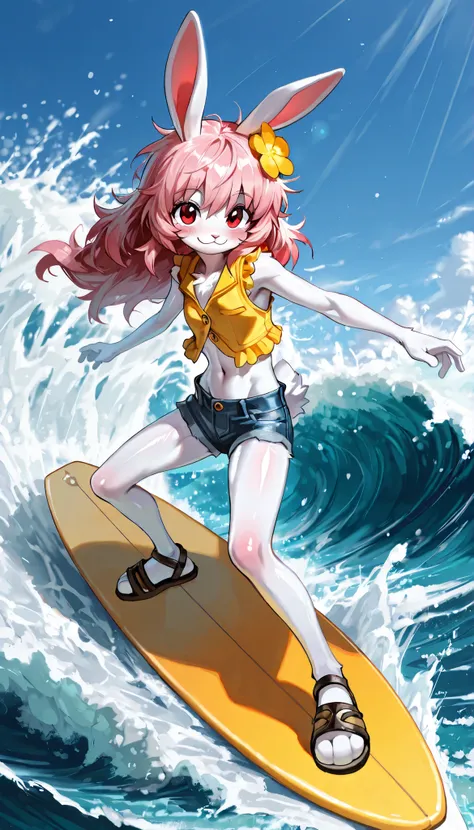 score_9, score_8_up, score_7_up, 1girl, solo, masterpiece, best quality, amazing quality, very aesthetic, absurdres, source furry, furry rabbit, rabbit ears, rabbit features, red eyes, white body fur, pink hair, messy bangs, long messy ponytail, smile, oil...