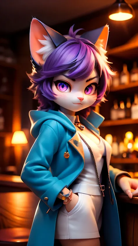 sexy cat、neon、Glaring、wearing a flashy outfit、Liprouge、Long Coat、purple hair、Sweet eyes、inviting eyes、Inside the bar、Alcohol、cocktail