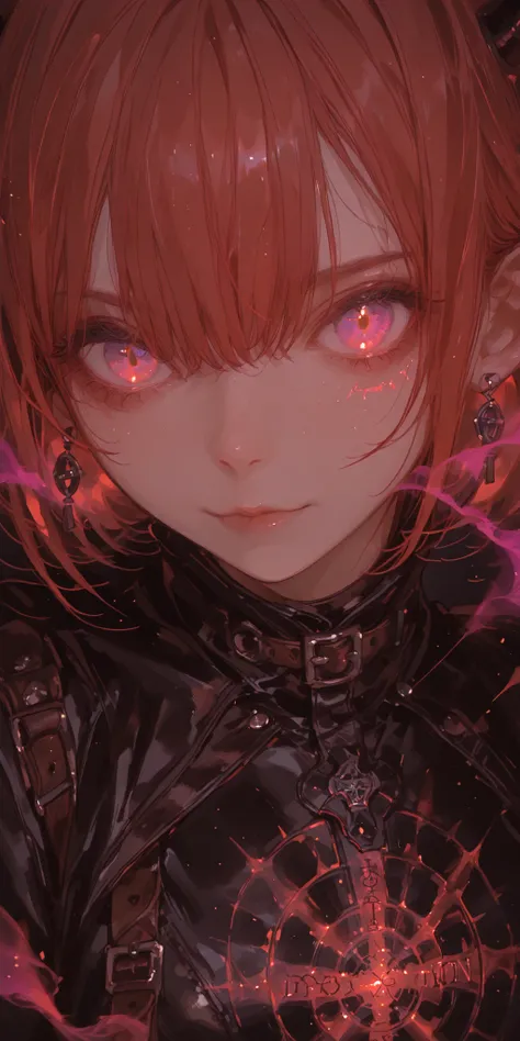 ightly luminous skin marked with intricate demon patterns inspired by the anime. Her body art blends with mystical runes. She wears a modern, edgy outfit with leather, fishnet, and metal details, chains, and torn gloves. The setting is an ancient Japanese ...