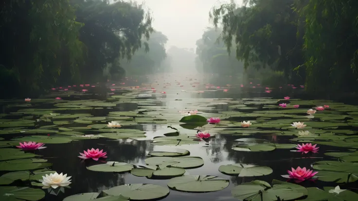 there are many water lillies floating in a pond of water, lotus pond, in a misty pond, by Ji Sheng, waterlily pond, by Li Mei-shu, jingna zhang, extremely beautiful and ethereal, weeping willows and flowers, misty garden, incredibly ethereal, by Li Song, b...