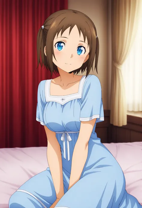 anime screencap, masterpiece, best quality,
1girl, solo, closed mouth, light smile, blush, head tilt,
two side up, short hair, brown hair, blue eyes,
blue nightgown, short sleeves, medium breasts, dress ribbon, white ribbon,
yokozuwari, looking at viewer,
...