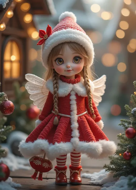 cute angel girl、 Fairyland 、Santa Claus cosplay 、Red and white triangle hat、cute little girl in Santa Claus costume、Cute and attractive、old houses decorated with lights and Christmas trees、floating in the air、3D,high image quality、Cinematic Lighting、fun at...