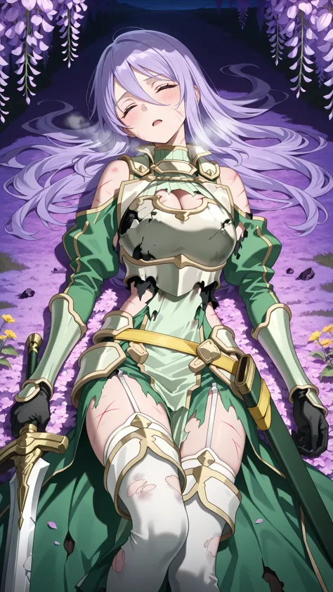 masterpiece,best quality,highre,ultra-detailed,detailed illustration,source_anime,1girl,solo,slender,Shizuru,purple hair, long hair,closed eyes,highly detailed eyes,hair between eyes,armored dress, green sleeves, breastplate, cleavage cutout, large breasts...