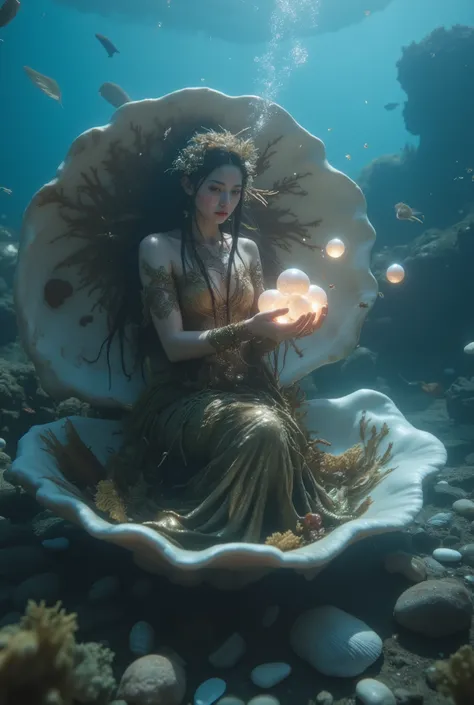 A mystical figure appears to emerge from a large, open shell, set against the backdrop of an underwater environment. This figure, seemingly a mermaid, is adorned in garments resembling seaweed and coral, blending seamlessly with the marine setting. The int...