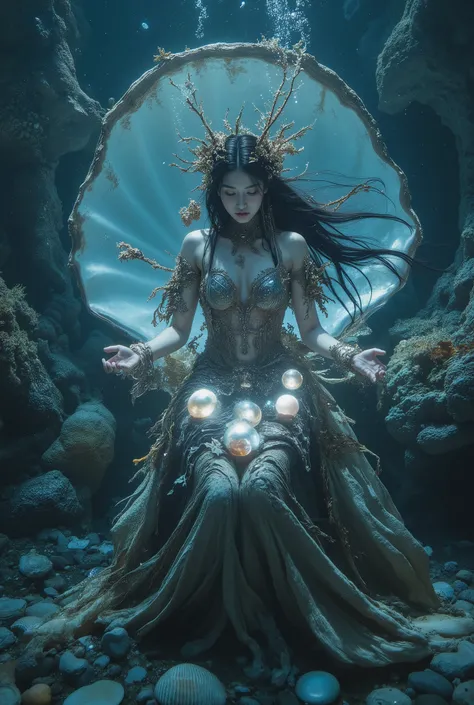 A mystical figure appears to emerge from a large, open shell, set against the backdrop of an underwater environment. This figure, seemingly a mermaid, is adorned in garments resembling seaweed and coral, blending seamlessly with the marine setting. The int...