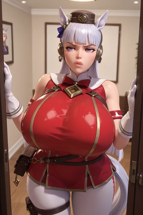 red dress, sleeveless dress, double-breasted, white gloves, white pantyhose, thigh strap, gsdef, purple eyes, grey hair, horse ears, blunt bangs, long hair, pillbox hat, horse tail,(masterpiece), best quality, extremely detailed), massive ass, (((gigantic ...