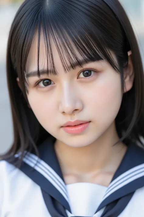 white sailor uniform, This photo captures a beautiful Japanese woman. 
The image is very high resolution, with clear skin texture.
The focus is very sharp and focused on her face.
This is an ultra-high resolution image.
She is facing forward. ((close-up fa...