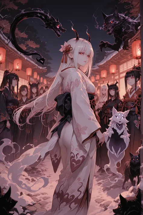 Highest Quality, Super Detailed, 8K Wallpaper, Procession of Yokai , Night town in the Edo period, red lantern light, Snow Maiden, Zashiki Warashi, Demon woman, Ushiki, Nurarihyon, Ghost cat, The Bewitching Fox , Old Torches, The heat of a summer night, wi...