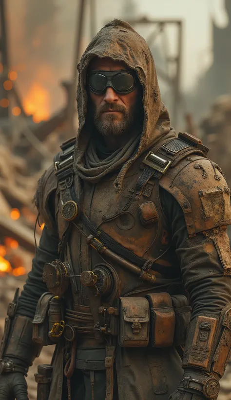 Full-body 3D realistic cinematic portrait of a futuristic steampunk antihero in a post-apocalyptic world. A rugged man with a dirty beard and scarred face wears a black blindfold hiding his eyes, his stance defiant and tense. His clothing is a mix of torn ...