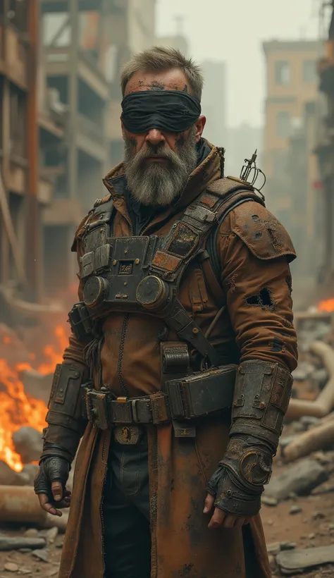 Full-body 3D realistic cinematic portrait of a futuristic steampunk antihero in a post-apocalyptic world. A rugged man with a dirty beard and scarred face wears a black blindfold hiding his eyes, his stance defiant and tense. His clothing is a mix of torn ...