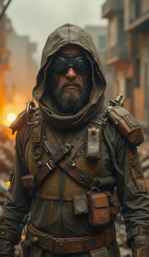 Full-body 3D realistic cinematic portrait of a futuristic steampunk antihero in a post-apocalyptic world. A rugged man with a dirty beard and scarred face wears a black blindfold hiding his eyes, his stance defiant and tense. His clothing is a mix of torn ...