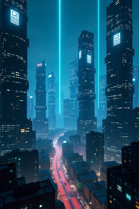 Future city night view，High-rise buildings surrounded by data beams，Technological exterior，Hologram projection advertising，Cyberpunk style lighting，Futuristic architectural design，Technological urban atmosphere