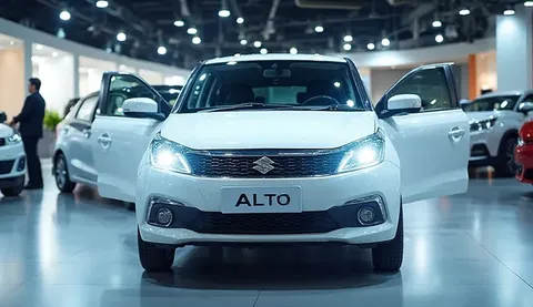 “2026 Maruti Suzuki Alto, front lift angle view, white color, displayed in a modern car showroom with bright lighting and glossy reflective floor, detailed realistic design, visible front grille and side body, compact hatchback style, brand-new look, high ...