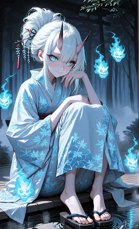 Anime-style young woman with silver-white hair styled in an elegant updo with ornamental bone hairpins, dressed in a flowing midnight-blue yukata decorated with glowing spirit patterns. She stands at the forefront of the Night Parade of One Hundred Demons, with ghostly yokai and oni emerging from shadows behind her. Her eyes glow with supernatural light as paper lanterns float around her. Dark forest setting with ancient torii gates visible in background. Eerie atmosphere with fog swirling around her feet, masterpiece, 8k, Highest Quality, detail, high resolution, Digital Painting, ultra detailed, (detailed eyes:1.2), (sharp eyes:1.1), (smooth skin:1.1),