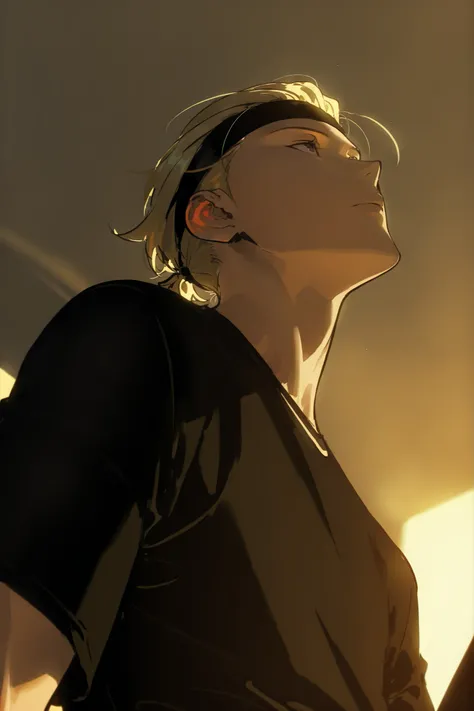 sketch, 2d, solo leveling art style, morning light, 2d, concept art, a character lying on his side on a couche, (athletic body, toned body, alone, male, slicked back blonde hair, black headband, black t-shirt , bored look ) , looking up face up, view fr...