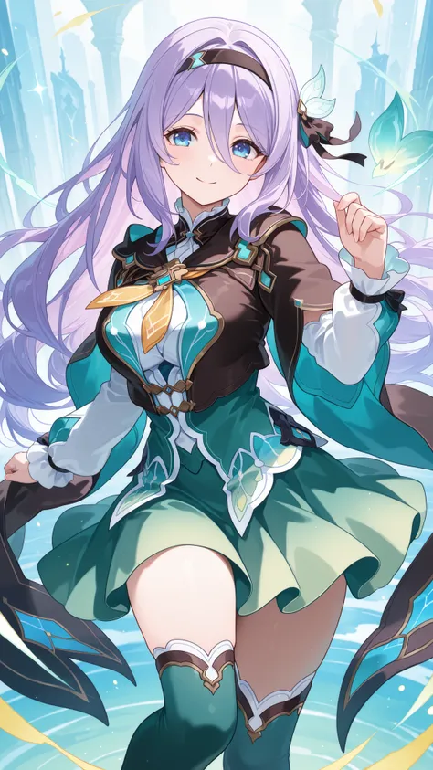 masterpiece,best quality,highre,ultra-detailed,detailed illustration,source_anime,1girl,solo,slender,Shizuru,purple hair, long hair,blue eyes,highly detailed eyes,hair between eyes,black hairband, hair ornament, hair ribbon, breasts, black cape, dress, lon...