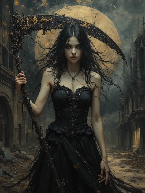 a dark-haired woman in a black dress, the most beautiful female death in the world, holding a scythe with the letters "eaa" engraved on it in spidery script, faded dark fantasy spirit realm behind her with gothic ruins and black skies, gothic, dramatic lig...