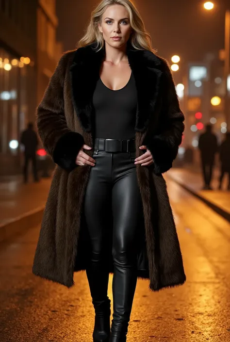 Ultra-realistic full-body cinematic portrait (1:1) of Scarlet Voss, a 45-year-old secret agent walking through a dimly lit city street at night. She wears a luxurious long fur coat inspired by the reference — dense, voluminous, and elegant with deep black-...