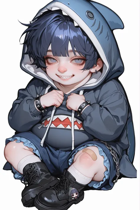 semi-realistic midjorney chibi art style of a chubby young man. Chibi, Hes got dark blue emo cropped bangs that cover his eyes completely. Hes got a chubby soft and round cherubic face with pale skin. Hes got sharp teeth grin. He has a chubby body with sof...