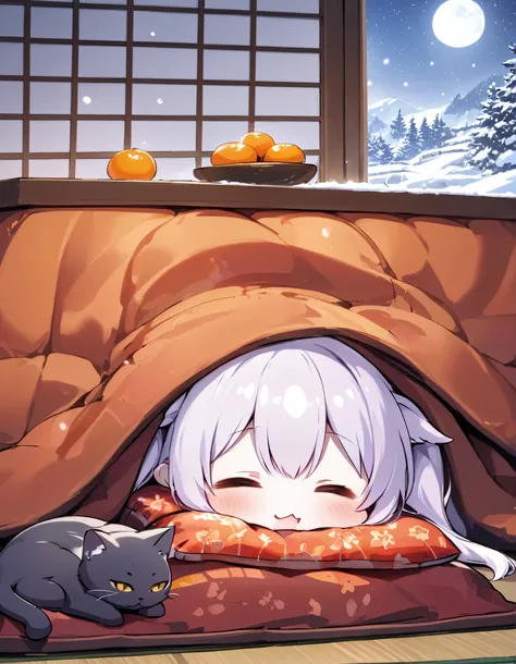 (masterpiece:1.2, Highest Quality, ultra detail), score_9, chibi, solo focus, creature with no nose, white skin, Hard circle eyes,  without pupils, Four feet, long silver hair, Black Eyes, twin tails , (cute :3 expressions :1.2), cat-like roll pose, relax ...