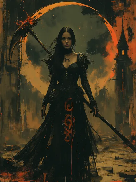 a dark-haired woman in a black dress, the most beautiful female death in the world, holding a scythe with the letters "eaa" engraved on it in spidery script, faded dark fantasy spirit realm behind her with gothic ruins and black skies, gothic, dramatic lig...