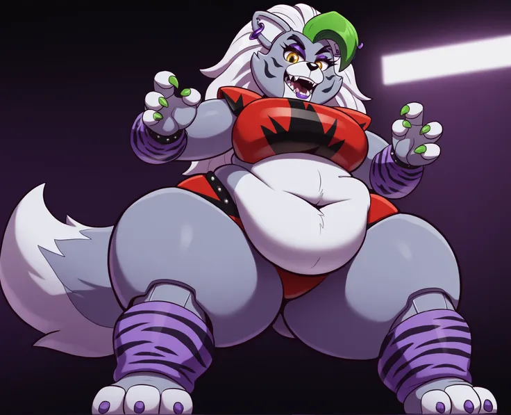 Roxanne Wolf from fnaf, Very sexy, cute, purple lip stick,  Paws, Paws claws, purple claws on feet ,green claws on hands, purple leg warmers leopard print, Masterpiece, UHD, thunder thighs, very fat arms,  wide hips, full body shot, curve, no thigh gap, bb...