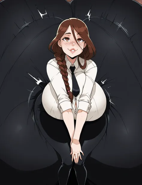 Closeup, manga artstyle, a beautiful girl with a hyper massive ass, detailed face, long braided brown hair, freckles, pink pouty lips, both hands reaching back and squeezing,  ass expansion, extremely wide hips, super thick thighs, hyper bottom heavy, wear...