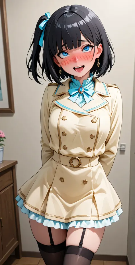 flat breasted、short black hair, blue eyes. one side up, Solo Girl, [Himawari Uzumaki.] room, ((top corto blanco))) (((minifalda de volantes de mezclilla azul marino)). Ahegao. excited,  full face blush, Close your mouth, masterpiece、superior quality、無修正、lo...
