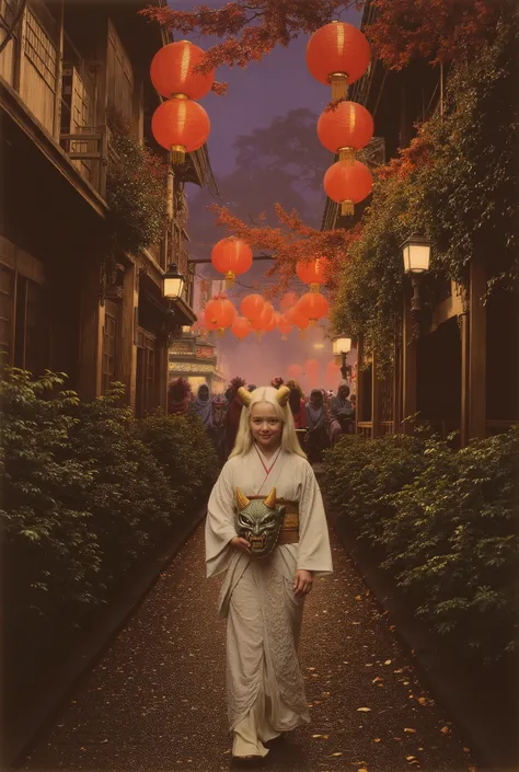 Late at night, a lone girl, walks towards the viewer along a narrow, illuminated alleyway of an old Japanese street, dressed in a white kimono with intricate lace detailing, tied at the waist with a golden obi. in one hand she holds an Oni mask. The mask f...